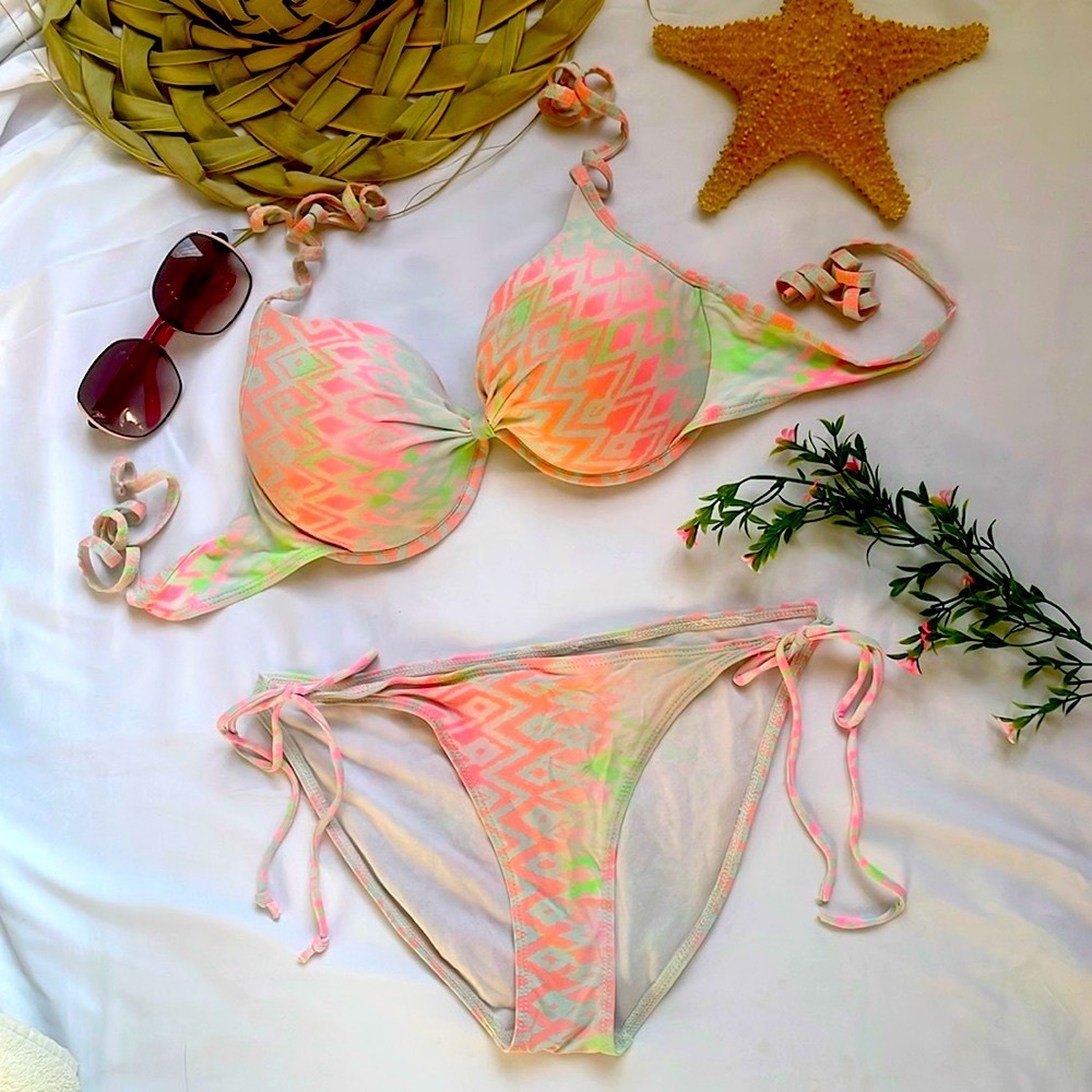 Ardene Pink White Green Stripe Bikini Set Padded Top XL Bottom M